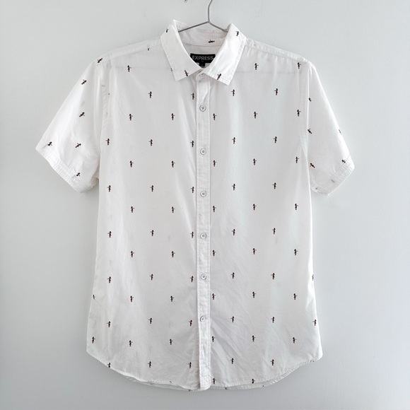 Men's White Cotton Short Sleeve Button Down With Hula Girl Print - Picture 1 of 6